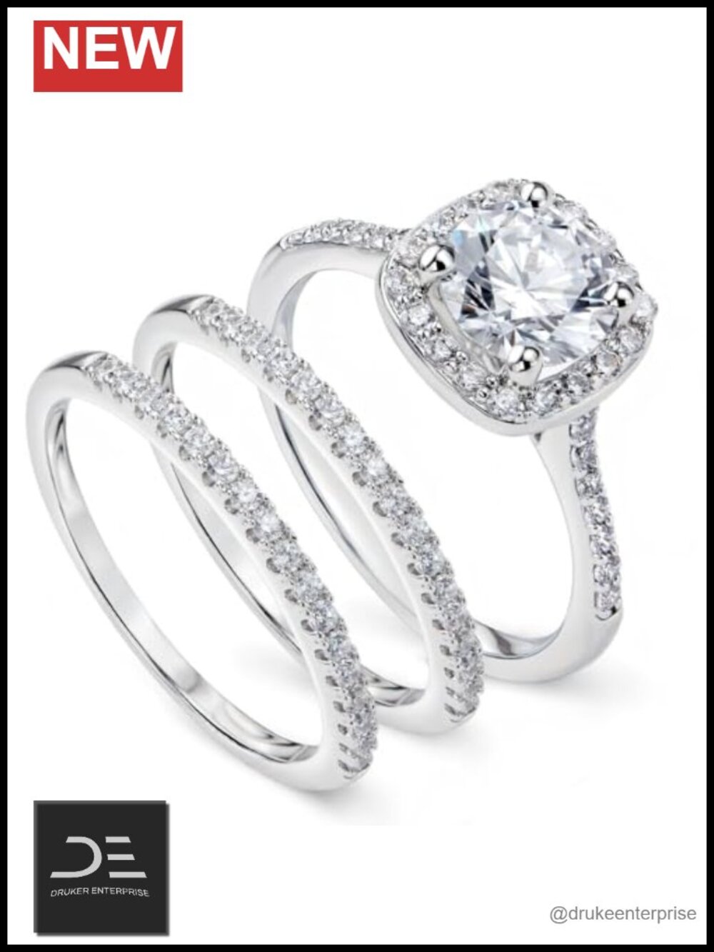 Moissanite 2ct Bridal Ring Set 18K White Gold & Silver Plated